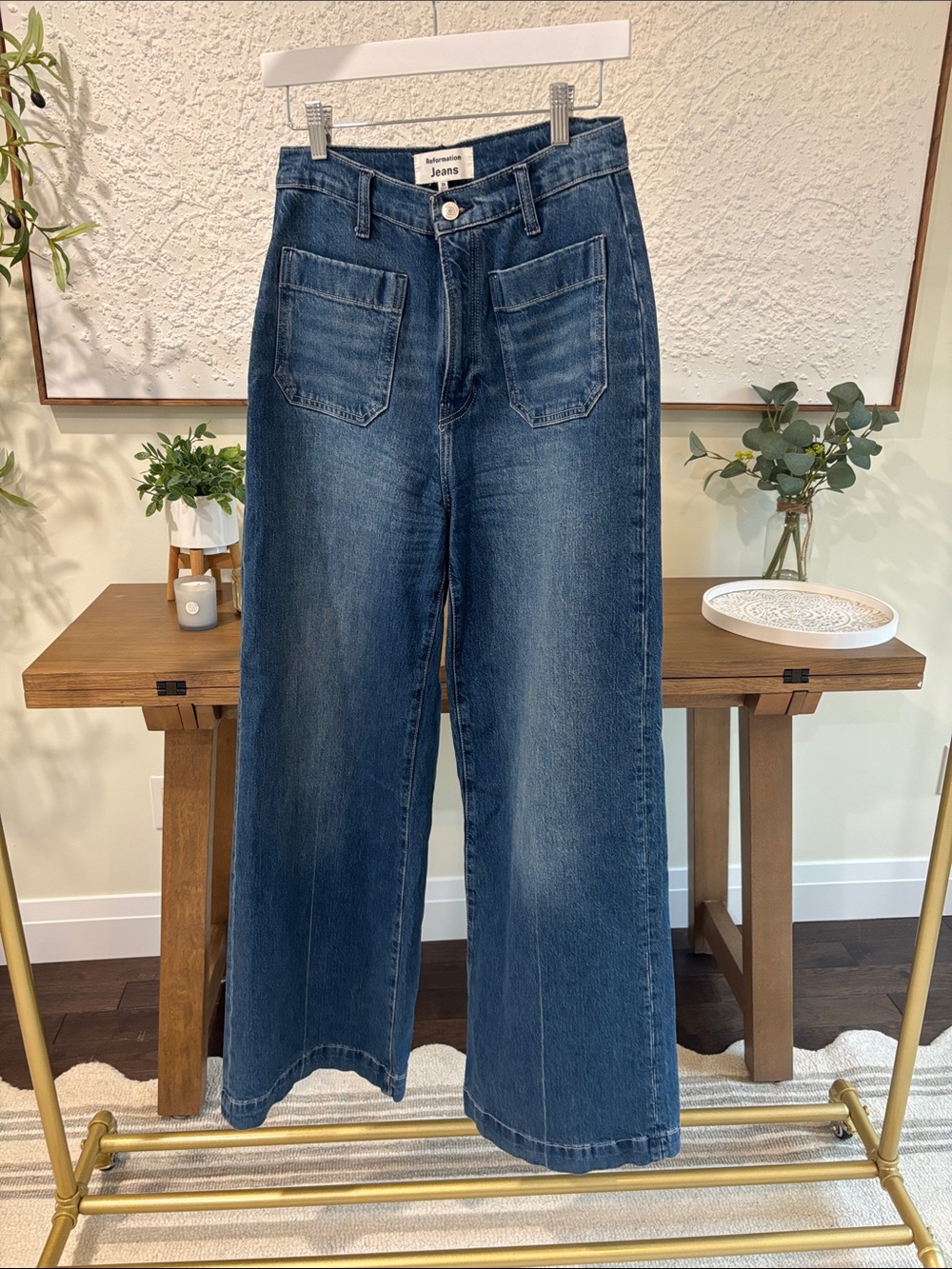 Reformation Dark Blue Wide Leg Jeans with Front Patch Pockets